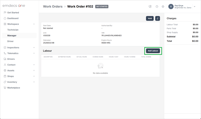 01 - Base work order screen, empty, Add labour button highlighted