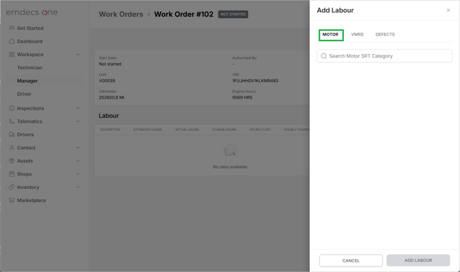 02 - Add Labour popup, with MOTOR tab highlighted