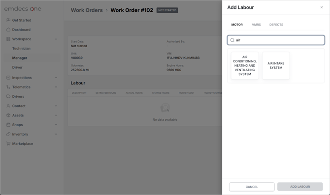 03 - Add Labour popup, with MOTOR category searched