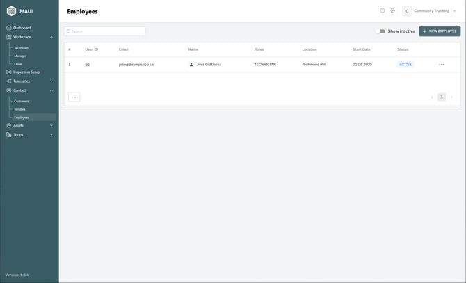 Main Employees setup screen