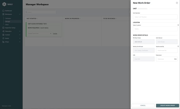 New Work Order screen (manager)