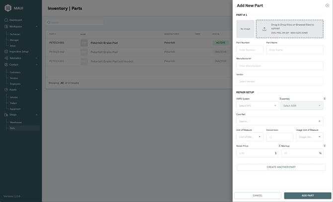 Parts details screen