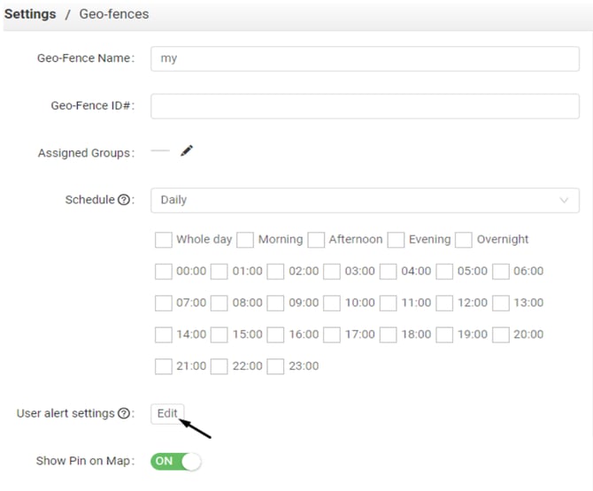GeoFence Settings Details Edit user alert settings