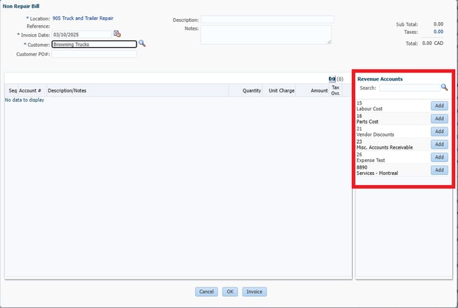 KonaNonRepairBillDetailsSelectRevenueAccount