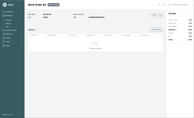 Manager workspace with Not Started work order-1
