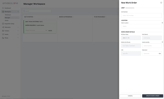 New Work Order screen (manager)