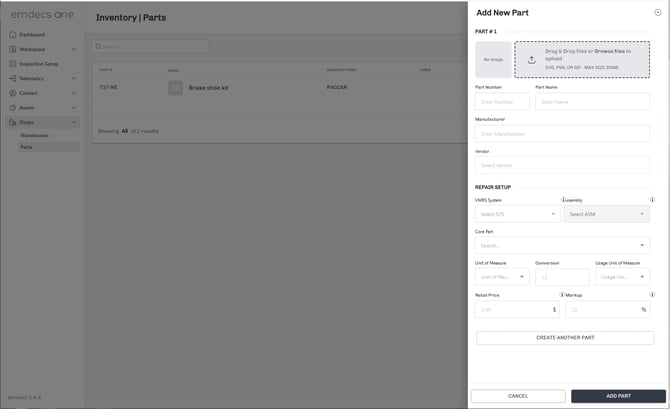 Parts details screen