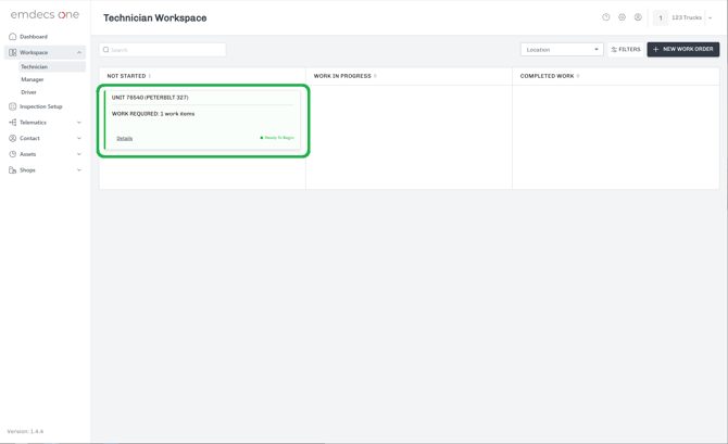Technician workspace with Not Started work order-1
