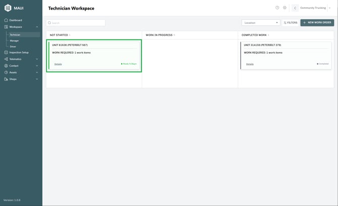 Technician workspace with Not Started work order