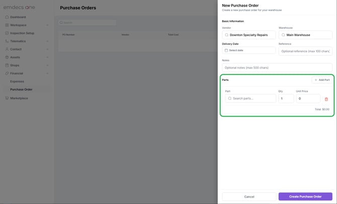 emdecs one New Purchase Order screen with Add Parts