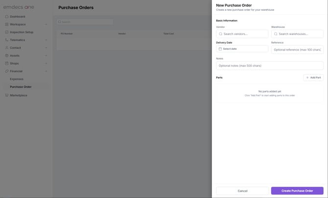 emdecs one New Purchase Order screen