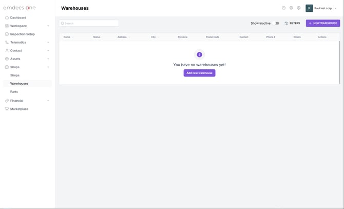 emdecs one Warehouses screen