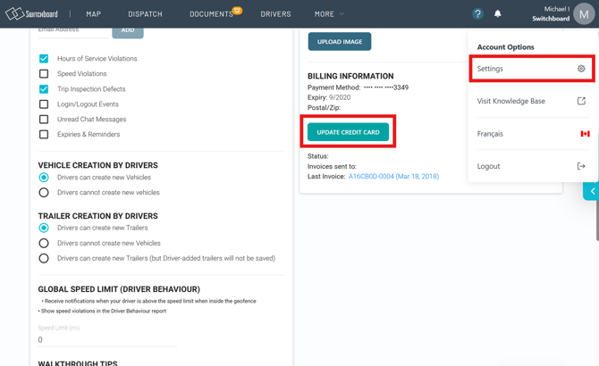 An image of the Settings page. Near the middle is a highlighted button named UPDATE CREDIT CARD. It is in a section named Billing Information, which also has payment method, expiry, postal/zip and last invoice fields.